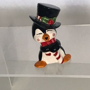 Vintage Josef Christmas Penguin Holding a Candy Cane Wearing a Top Hat & Bow Tie